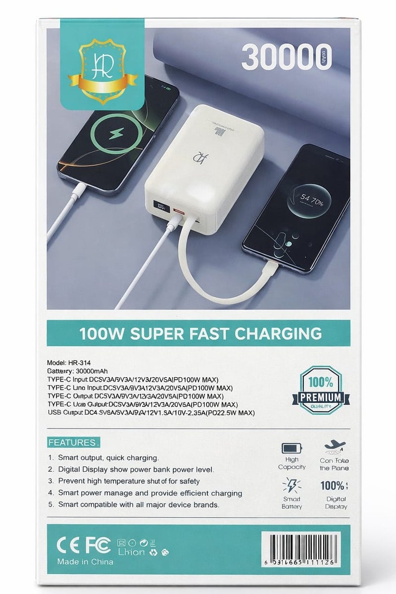 HR Power Bank 30000mAh 100W Super Fast Charging with Digital Display – Model HR-314 - Image 4